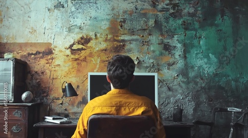 Creative Professional Working at Rustic Desk with Weathered Wall Background
