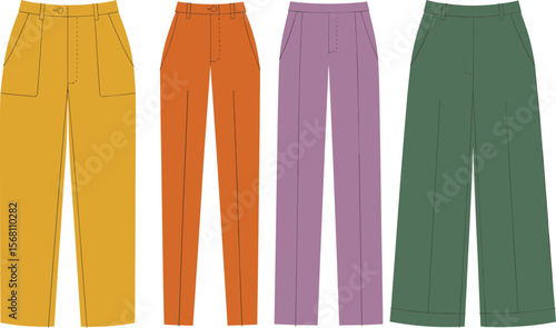 Women’s fashion pants flat sketch, colorful trousers technical drawing, stylish clothing design, wide leg and straight leg pants illustration flat vector illustration