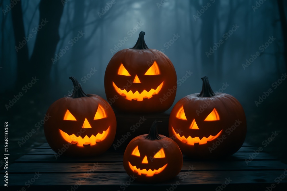 Halloween Pumpkins on Wooden Table Spooky Forest Night Celebration Halloween Pumpkins on Wooden Table Spooky Forest Night Celebration