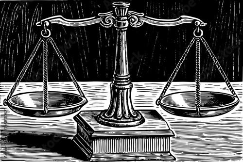A detailed mechanical balance scale used in vintage apothecaries, great for health or history-themed illustrations a black and white line art illustration