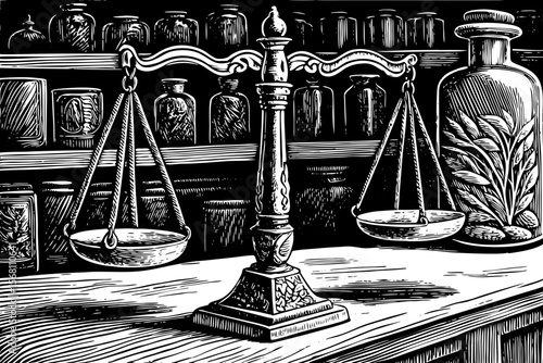 A detailed mechanical balance scale used in vintage apothecaries, great for health or history-themed illustrations a black and white line art illustration