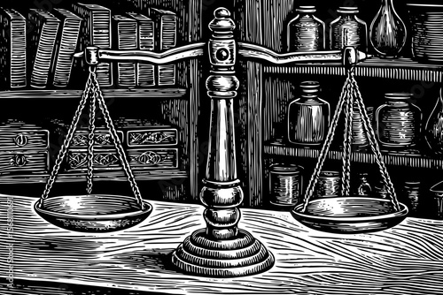 A detailed mechanical balance scale used in vintage apothecaries, great for health or history-themed illustrations a black and white line art illustration