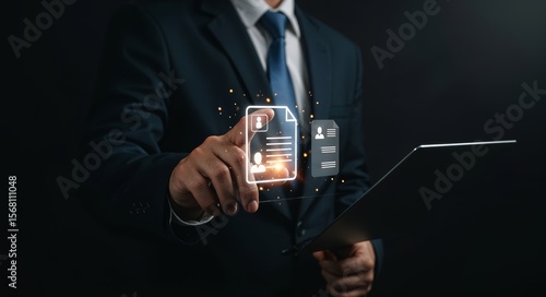 Businessman verifying digital identity and KYC documents via smart tech, representing secure authentication, data protection, and onboarding in modern digital business platforms.