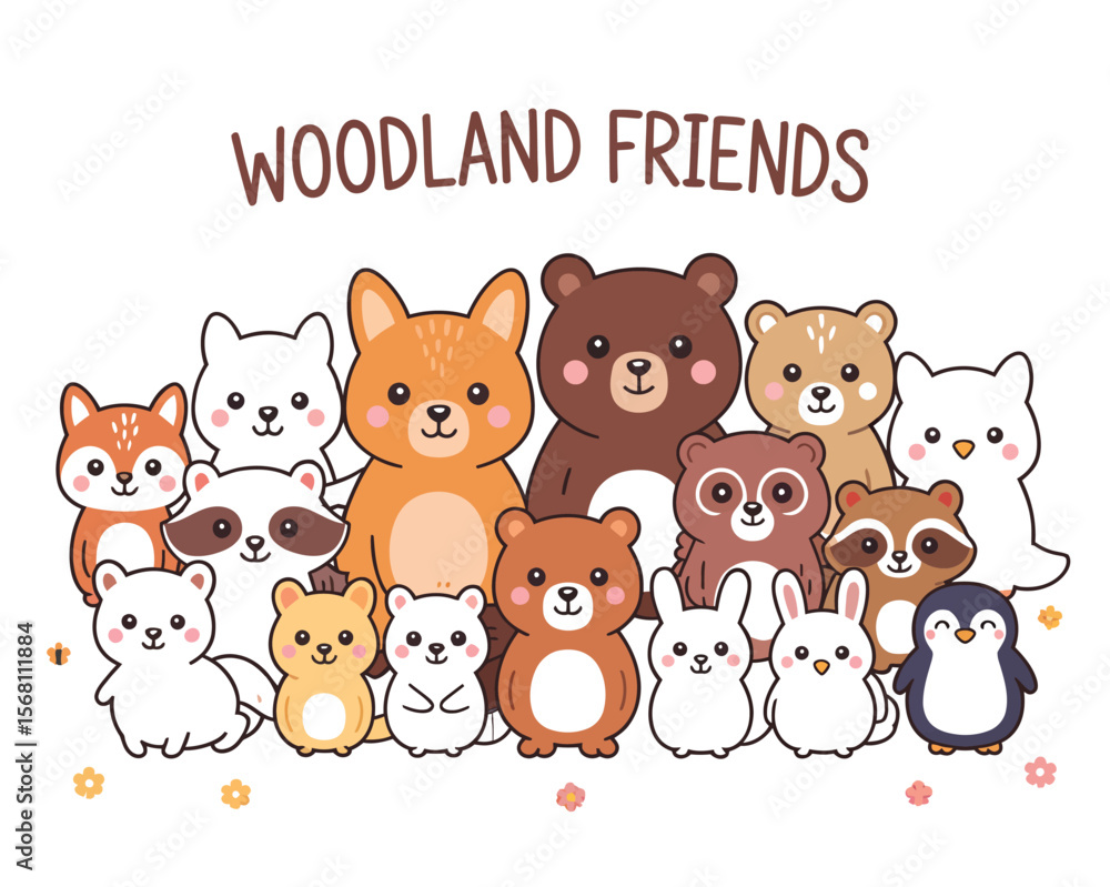 Obraz premium Friendship in the Woods: Cute collection of charming woodland creatures comes together. Capture the magic of friendship, in the heartwarming world of adorable forest animals.