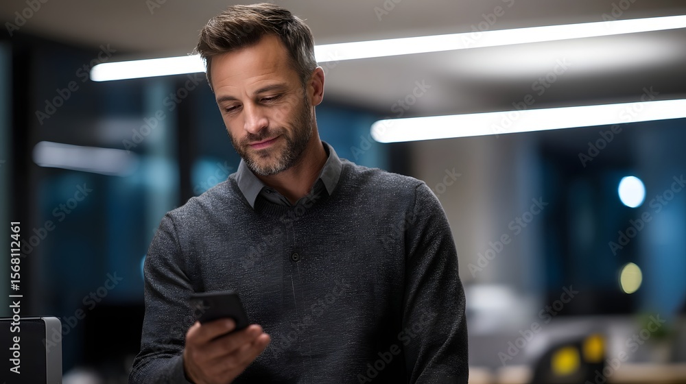 Professional checking phone notifications in office cubicle Professional checking phone notifications in office cubicle