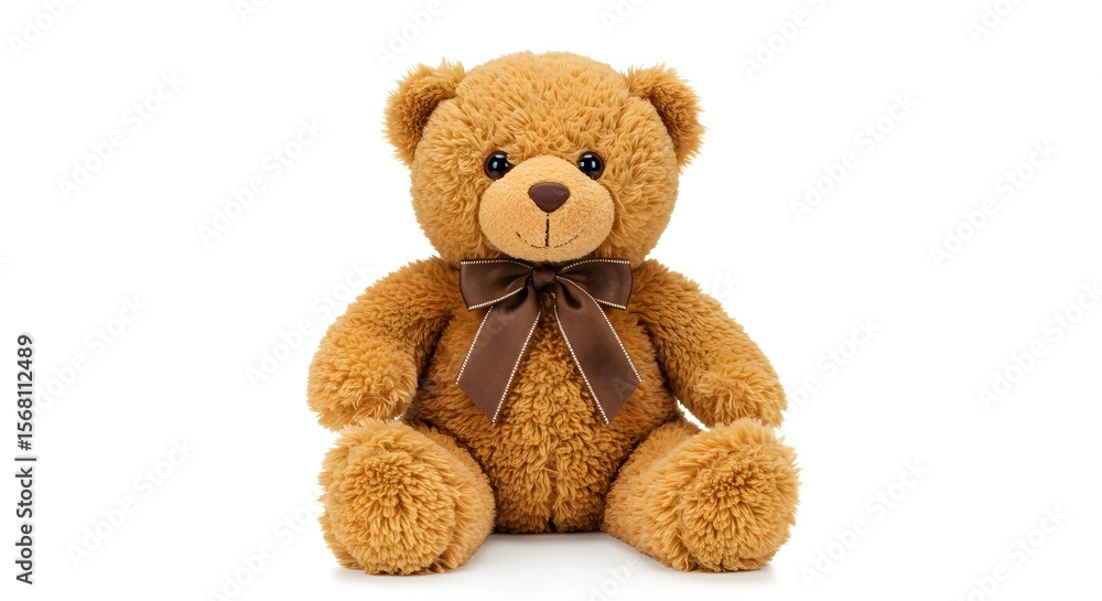 Fototapeta premium A brown teddy bear with a brown bow sits on a plain white background.