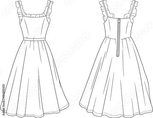 Flat fashion sketch of ruffle strap midi dress, front and back view, flared skirt, technical clothing design vector illustration flat vector illustration