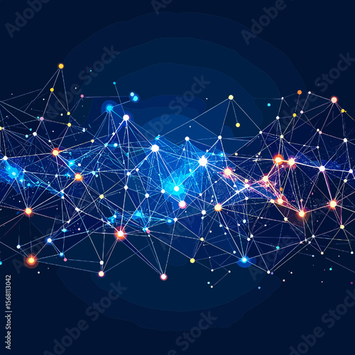 Abstract Network Connections with Glowing Nodes on Dark Blue Background Illustrating Interconnected Digital Technology and Futuristic Communication Systems