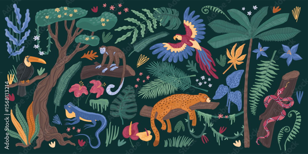 Obraz premium Jungle animals. Tropic toucan bird, cute nature parrot, safari zoo. Monkey, snake and jaguar. Pattern exotic palm and liana background. Rainforest art. Vector cartoon illustration