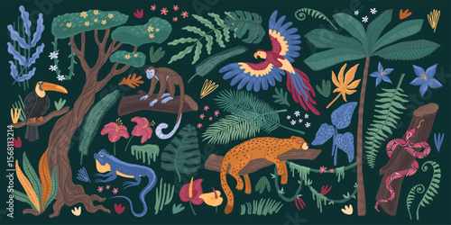 Jungle animals. Tropic toucan bird, cute nature parrot, safari zoo. Monkey, snake and jaguar. Pattern exotic palm and liana background. Rainforest art. Vector cartoon illustration
