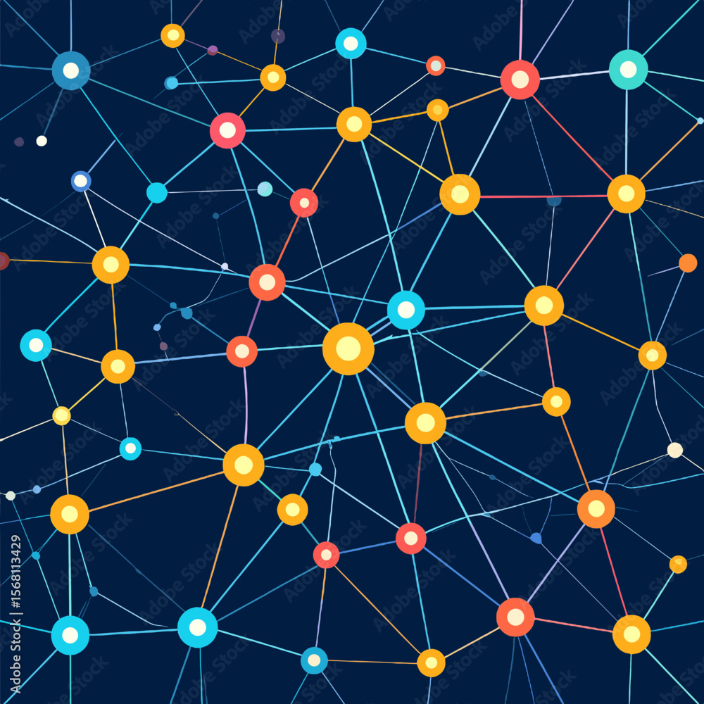 Abstract Network of Interconnected Nodes and Lines with Orange and Blue Color on Dark Blue Background Abstract Network of Interconnected Nodes and Lines with Orange and Blue Color on Dark Blue Background