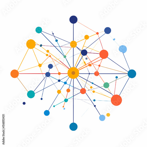 Abstract Network of Interconnected Nodes with Colorful Lines and Dots on a White Background Representing Global Digital Communication