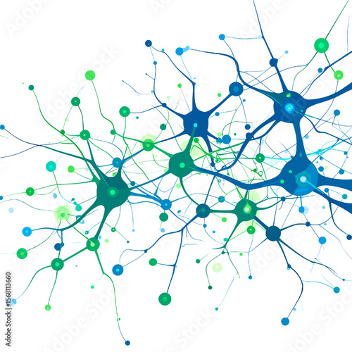 Abstract Neural Network Depiction with Interconnected Blue and Green Neurons on White Background for Scientific and Medical Concepts