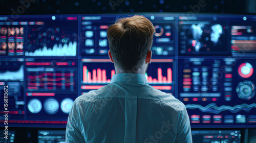 A man analyzes multiple digital data dashboards displaying charts and graphs, immersed in a high-tech control room environment.