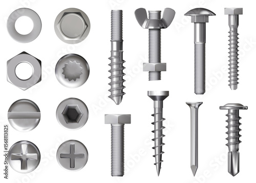 Steel rivet. Nut screw. Nail bolt head or 3d iron pin. Stainless tool types. Realistic metal washer cap. Allen construction. Hexagon fastening. Hardware assortment. Vector fasteners set