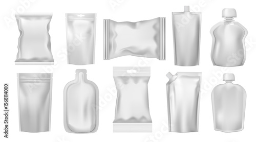 Pouch mockup. White sauce doypack. Spout mock up bag or plastic food cap. 3D plastic packaging. Mayonnaise and ketchup packing. Milk package. Chips packet. Vector isolated objects set