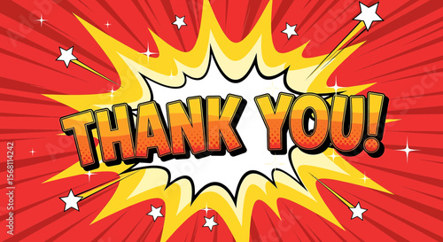 'Thank You' text explodes in a comic book style, conveying gratitude with a vibrant, dynamic background, suitable for posters, banners, and digital media.