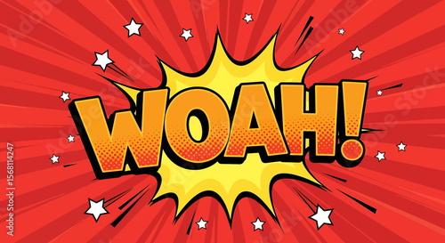 Comic Book WOAH! Burst Expresses Surprise on a Red Background with Radial Lines, ideal for graphic design with eye-catching, dynamic, and vibrant effects.