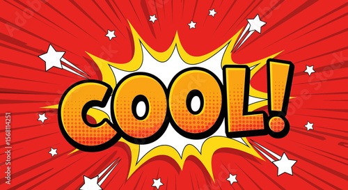 "Cool!" Exclamation Pops in Retro Comic Style, with burst effect, great for expressing positive feelings, in bright colors.