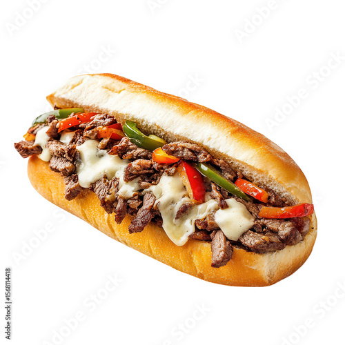 Delicious philly cheesesteak sandwich with melted cheese and peppers isolated on transparent background