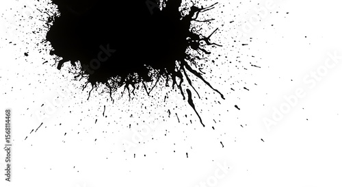 Black Ink Splatter with Dripping Trails on White Background, Abstract Expressionism