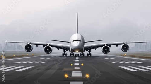 Large airplane on airport runway cityscape background