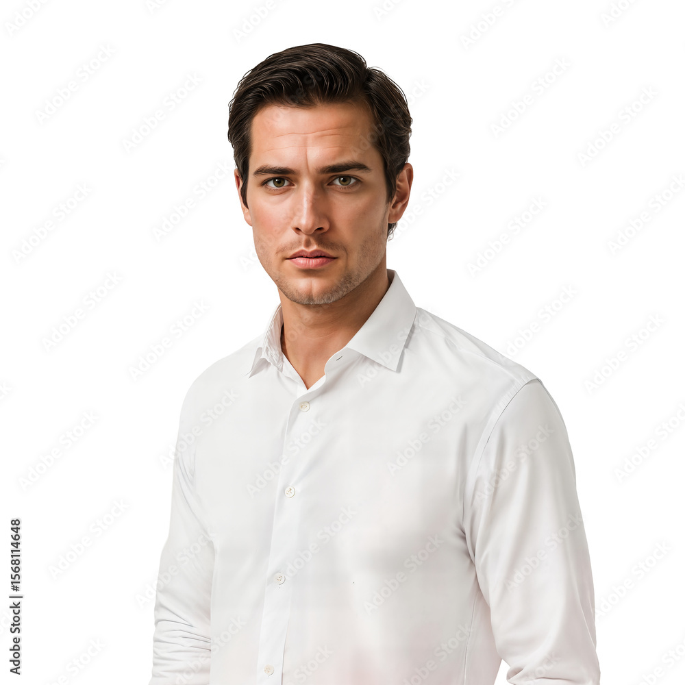 Confident young man in a white collared shirt on isolated transparent background Confident young man in a white collared shirt on isolated transparent background