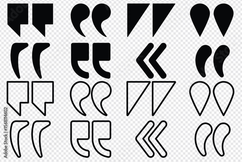 Set of quote mark, quotes icon, sign, symbol, emblem. Ditto marks icon set. Quotation marks. Dialogue discussion symbol for UI UX, website, mobile app.