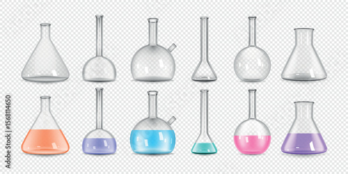 Chemical flask. Laboratory glass jar, experiment lab tube or realistic water beaker, erlenmeyer test bottle. Empty transparent and full of liquid pipette vector 3d equipment isolated elements