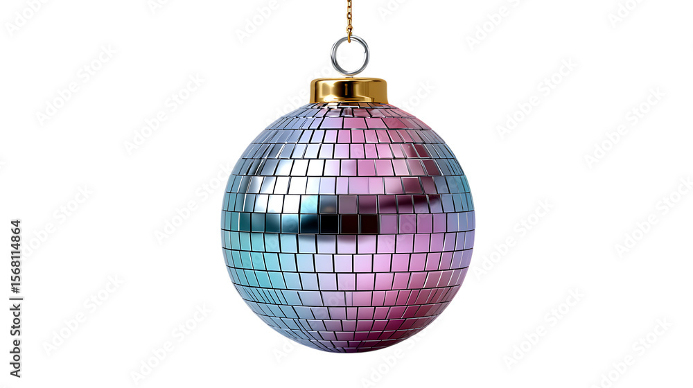 Fototapeta premium A shimmering disco ball with a gold cap and chain hangs isolated on a transparent background isolated on transparent background