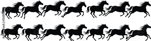 Galloping horse silhouette collection, wild running horses, equine motion graphic, black vector illustration, animal silhouette, horse animation frame set flat vector illustration