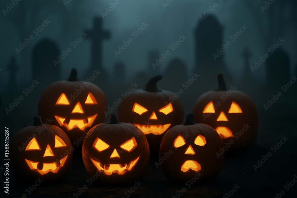 Fototapeta premium Spooky Jackolanterns Glow Brightly in a Misty Graveyard Night
