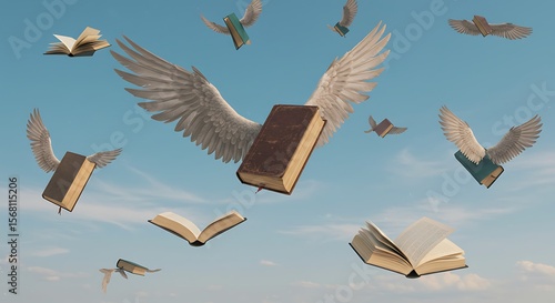 Books with Wings Soaring Through the Sky, Representing Knowledge and Freedom