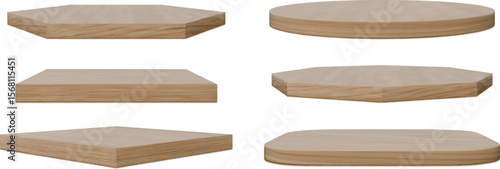 Wooden podium set. Realistic minimalist empty pedestal different forms. 3D round square stage for presentation ecological natural product. Store showcase. Vector isolated illustration