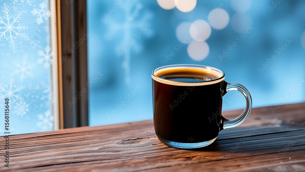 Obraz premium Cozy Mug of Coffee on Wooden Surface with Frosty Window and Soft Blue Winter Bokeh in Background – Hygge-Inspired Warm Beverage Scene for Seasonal Lifestyle and Comfort