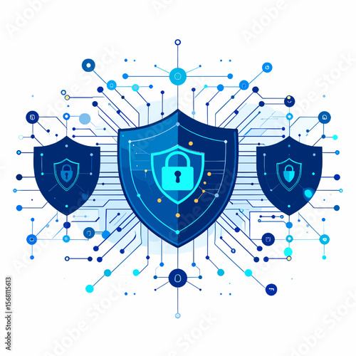 Blue Shields with Padlocks on White Background Representing Cyber Security and Network Protection with Abstract Technological Elements