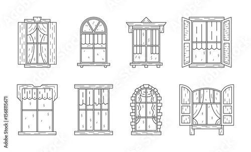 Open window. Home outline glass shutters with curtains. Line doodle draw. Architecture windowsill. White door or vintage art border. Double casement frame. Vector sketch windowpanes set