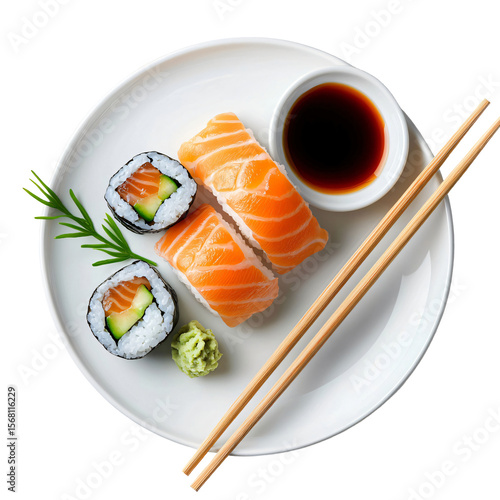 Salmon sushi and rolls with avocado on white plate with soy sauce and chopsticks