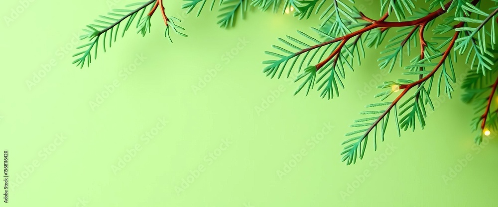 Fototapeta premium Winter green paper cut Xmas tree branches background Modern design, festive copy space, pine, graphic