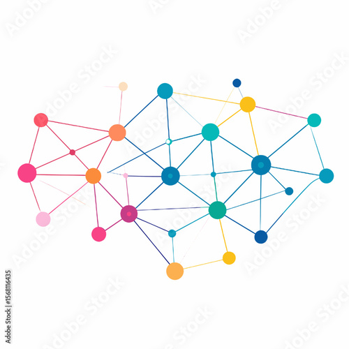 Colorful Abstract Network of Connected Dots and Lines on White Background Representing Digital Connection Data and Modern Technology