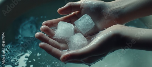 Melting Moments: Hands Holding Cold Ice Cubes in Water with Moody Light