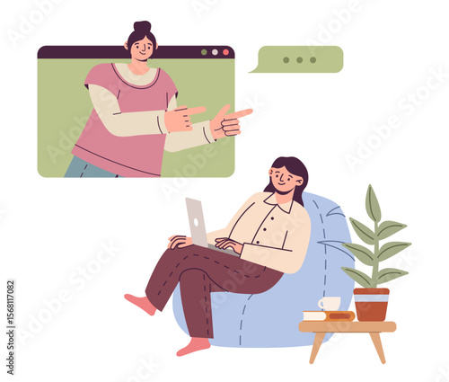 Video call. Online conversation. Business or psychologist voice chat. Internet communication and digital consultation. Woman with laptop, monitor screen vector cartoon isolated illustration