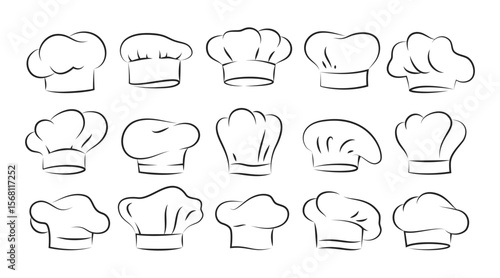 Chef hat icons. Cook logo, home cooker cap for bistro dish serving, Italian kitchen or vegetarian catering. Restaurant or cafe costume. Simple line isolated element. Vector isolated set
