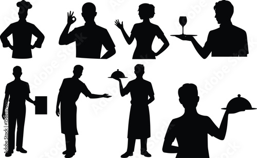 Chef, waiter, waitress, silhouette, restaurant, service, hospitality, food, serving, catering, staff, professional, cook, uniform, pose, human, isolated, male, female, cloche, food service, restaurant