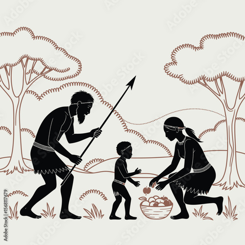 Prehistoric family gathers fruit with a spear