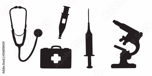 Medical equipment vector illustration featuring stethoscope syringe microscope and first aid kit design element silhouette