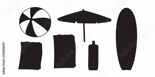 Beach essentials vector illustration featuring surfboard, umbrella, towel, ball and sunscreen for summer fun silhouette