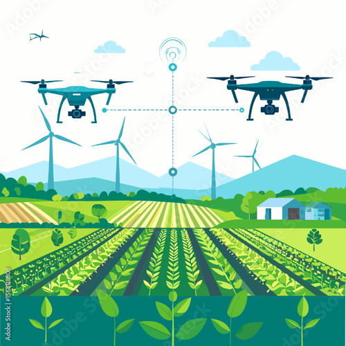 Farm Fields Monitored By Drones Overlooking Distant Wind Turbines and a Farmhouse in Green Fields