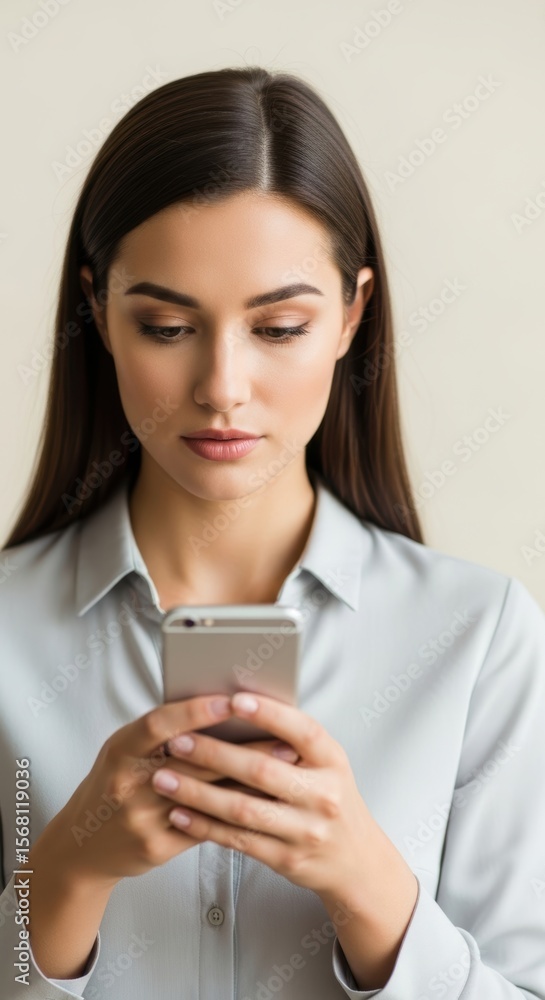 Focused young caucasian female using smartphone indoors Focused young caucasian female using smartphone indoors