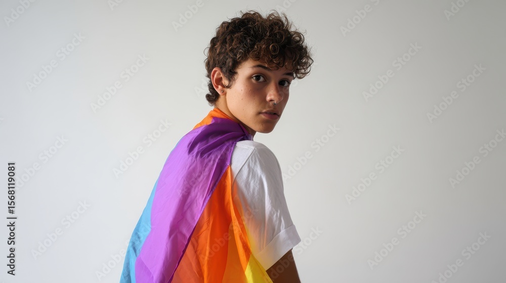Fototapeta premium The vibrant young model showcasing pride through colorful fabric draped stylishly.